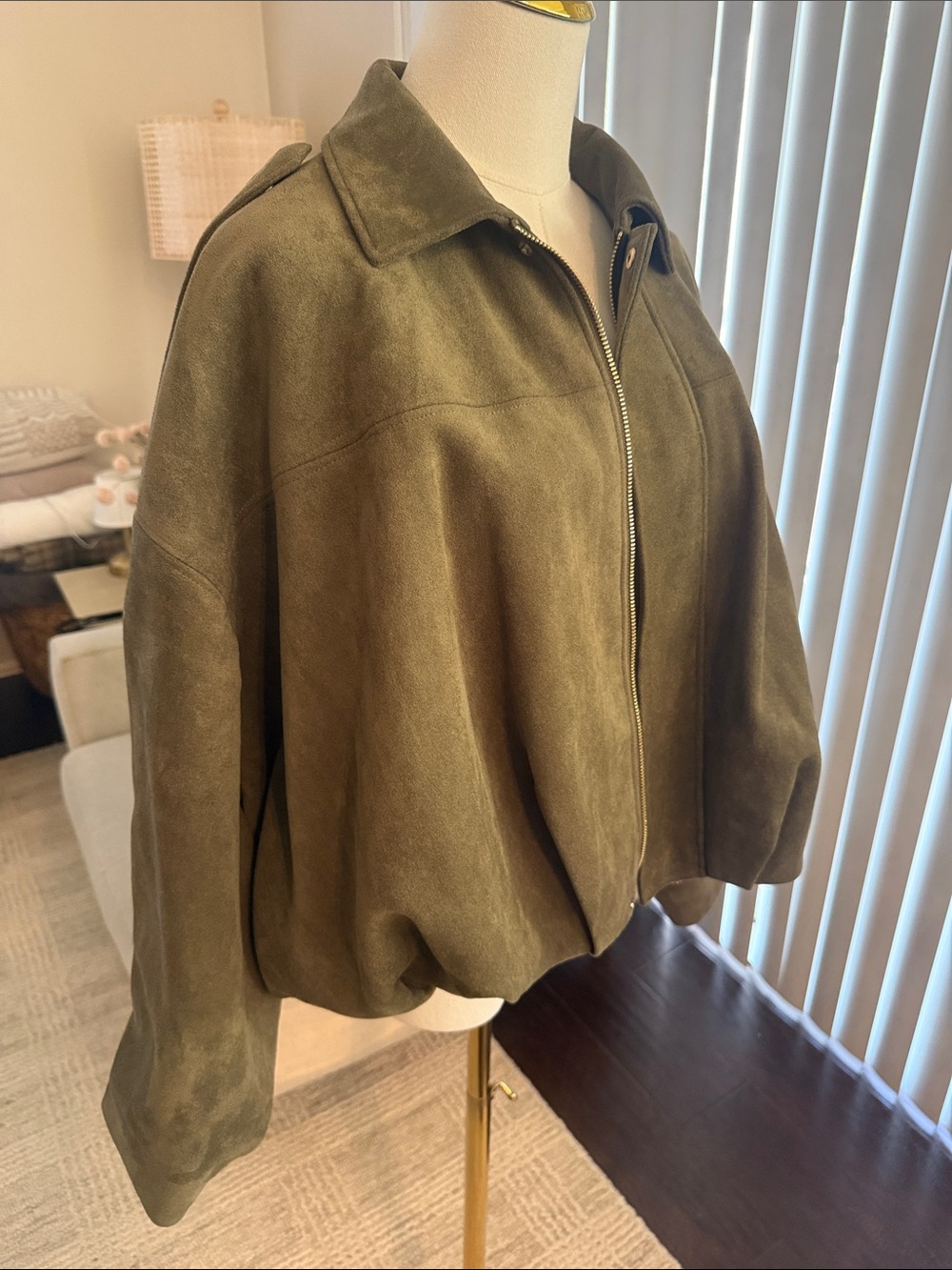Zara Olive Green Suede Bomber Jacket - Picture 2 of 2